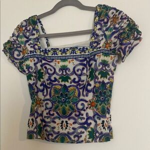 ANTONIO MELANI White and Blue Fitted Ruched Blouse